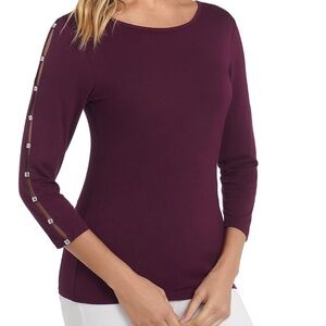 Cable & Gauge Womens 3/4 Sleeve Boat Neck Top with Rhinestone Open Sleeve Detail